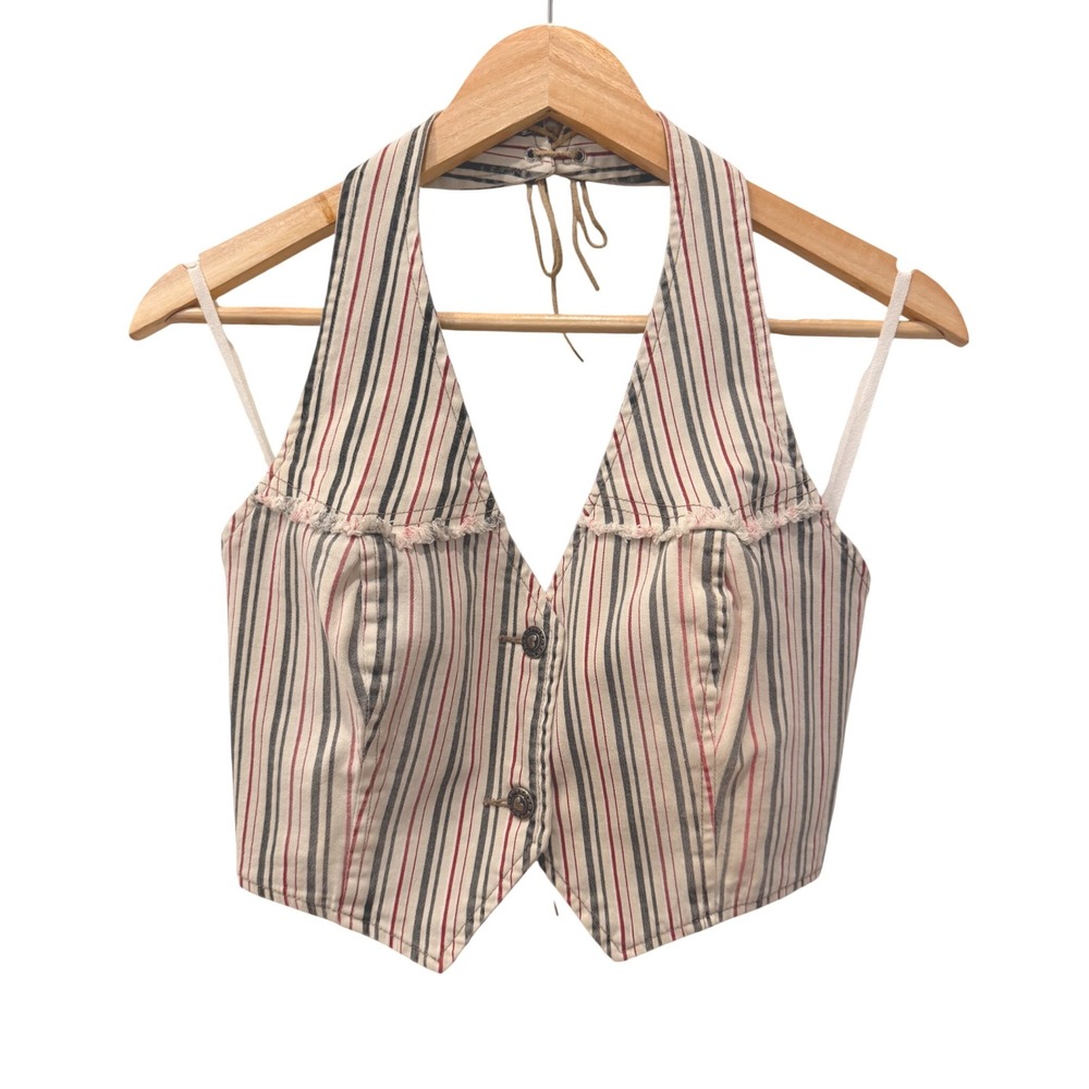 XOXO Jeans Womens Y2K Striped Halter Vest Top Lace Up Corset Back Small USA Made